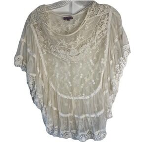 Mimi Boho Art Ivory Open Sides Fringe Poncho Top Cover Up Large